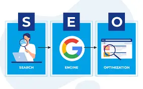 “El camino del SEO: de la búsqueda a la optimización” Ilustración del concepto SEO dividida en tres etapas: Search (búsqueda), Engine (motor) y Optimization (optimización), con íconos representativos conectados por flechas.