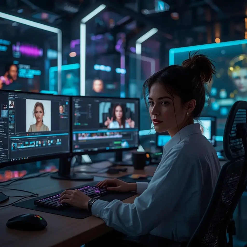 Edición de Vídeo con Inteligencia Artificial: Automatización Creativa y Deepfakes Profesionales "Mujer editando vídeos con inteligencia artificial en un entorno tecnológico avanzado, utilizando software de creación de contenido visual con deepfake y herramientas de IA generativa."